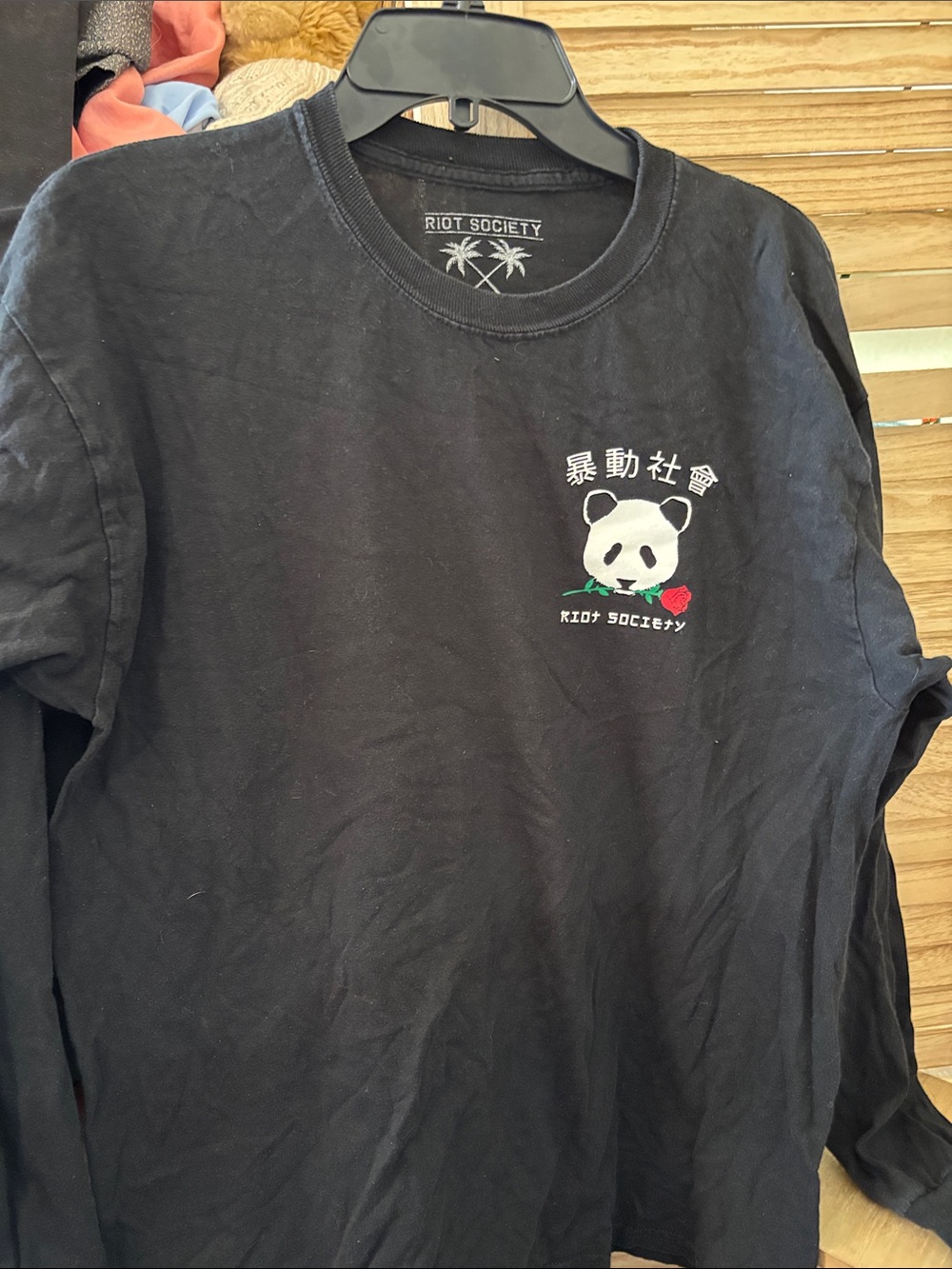 riot society Black Long-Sleeve Tee with Panda and Red Rose Graphic Large